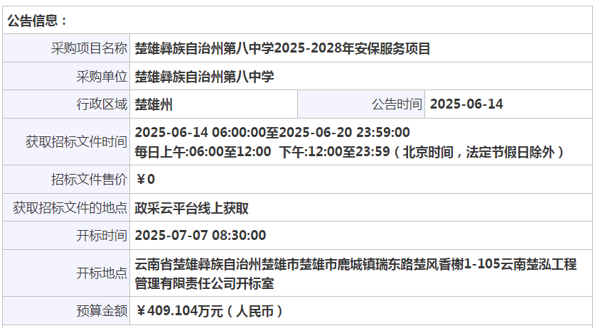 楚雄彝族自治州第八中學(xué)2025-2028年安保服務(wù)項(xiàng)目